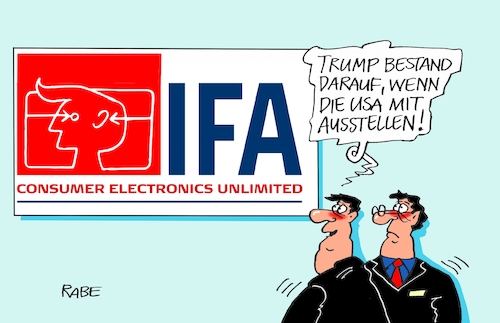 Cartoon: IFA (medium) by RABE tagged berlin,trump,usa,funkausstellung,haarschnitt,logo,aussteller,messe,rabe,ralf,böhme,cartoon,karikatur,pressezeichnung,farbcartoon,tagescartoon,messehalle,funkturm,hauptstadt,publikum,besucher,donald,merkel,wahlkampf,berlin,trump,usa,funkausstellung,haarschnitt,logo,aussteller,messe,rabe,ralf,böhme,cartoon,karikatur,pressezeichnung,farbcartoon,tagescartoon,messehalle,funkturm,hauptstadt,publikum,besucher,donald,merkel,wahlkampf