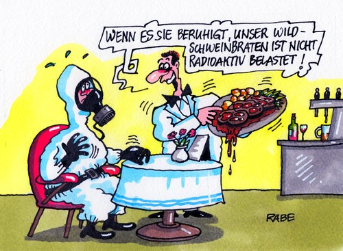 Cartoon: Illustrationsauftrag II (medium) by RABE tagged wild,wilddschwein,wildschweinbraten,gaststätte,gasthaus,gasthof,essen,mittagstisch,menü,braten,rabe,ralf,böhme,cartoon,karikatur,farbcartoon,radioaktivität,atommüll,strahlung,schutzanzug,endlager,tschernobyl,kraftwerk,reaktor,katastrophe,kellner,ober,bewirtung,wild,wilddschwein,wildschweinbraten,gaststätte,gasthaus,gasthof,essen,mittagstisch,menü,braten,rabe,ralf,böhme,cartoon,karikatur,farbcartoon,radioaktivität,atommüll,strahlung,schutzanzug,endlager,tschernobyl,kraftwerk,reaktor,katastrophe,kellner,ober,bewirtung