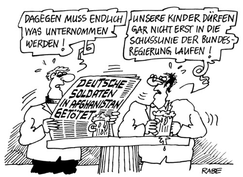 Cartoon: In der Schußlinie (medium) by RABE tagged schuß,schußlinie,schießgewehr,schießprügel,afghanistan,afghanistaneinsatz,afghanistanhilfe,afghanistankrieg,islam,taliban,bergregieon,sprengstoff,sprengstoffanschlag,minen,minenfeld,attentat,terror,terroristen,terrogefahr,bundesregierung,kanzlerin,merkel,cdu,verteidigungsminister,soldaten,auslandseinsatz,nato,außenminister,westerwelle,fdp,armee,krise,euro,brüssel,tod,kinder,regierung,einberufung,stammtisch,bier,bierglas,humpen,männer,zeitung,tagespresse,schlagzeile,nachrichten,stammtischparolen,schuß,schießen,schußwaffe,afghanistan,afghanistaneinsatz,afghanistanhilfe,taliban,islam,militär,krieg