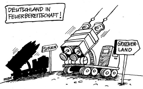 Cartoon: In Stellung! (medium) by RABE tagged patriot,patriotabwehrraketen,raketenstationierung,türkei,syrien,nato,deutschland,luftabwehr,bundeswehr,soldaten,frieden,luftabwehrraketen,rabe,ralf,böhme,cartoon,karikatur,merkel,cdu,bundesregierung,griechenland,griechenlandkurs,euro,eurokrise,hilfspaket,finanzchefs,schäuble,brüssel,bundeswehreinsatz,grenze,verteidigungsminister,krieg,raketenabwehrstaffel,natopartner,schuldenschnitt,banken,rettungsschirm,iwf,defensive,ankara,spritzen,finanzsprizte,feuerbereitschaft,patriot,patriotabwehrraketen,raketenstationierung,türkei,syrien,nato,deutschland,luftabwehr,bundeswehr,soldaten,frieden,luftabwehrraketen,rabe,ralf,böhme,cartoon,karikatur,merkel,cdu,bundesregierung,griechenland,griechenlandkurs,euro,eurokrise,hilfspaket,finanzchefs,schäuble,brüssel,bundeswehreinsatz,grenze,verteidigungsminister,krieg,raketenabwehrstaffel,natopartner,schuldenschnitt,banken,rettungsschirm,iwf,defensive,ankara,spritzen,finanzsprizte,feuerbereitschaft