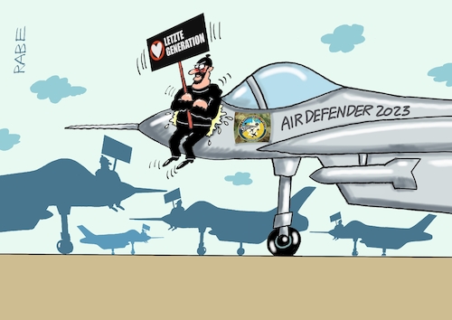 Cartoon: In The Air Today (medium) by RABE tagged kampfpanzer,leopard,abrams,marder,usa,deutschland,ukraine,ukrainekrieg,rabe,ralf,böhme,cartoon,karikatur,pressezeichnung,farbcartoon,tagescartoon,reiter,leopardenfell,pistorius,panzerlieferung,air,defender,nato,luftwaffenübung,gefecht,luftgefecht,kampfjets,kampfflieger,jagdflieger,klima,klimaaktivisten,letzte,generation,uhu,patex,leim,festkleber,kleber,flugplatz,startbahn,blockade,kampfpanzer,leopard,abrams,marder,usa,deutschland,ukraine,ukrainekrieg,rabe,ralf,böhme,cartoon,karikatur,pressezeichnung,farbcartoon,tagescartoon,reiter,leopardenfell,pistorius,panzerlieferung,air,defender,nato,luftwaffenübung,gefecht,luftgefecht,kampfjets,kampfflieger,jagdflieger,klima,klimaaktivisten,letzte,generation,uhu,patex,leim,festkleber,kleber,flugplatz,startbahn,blockade