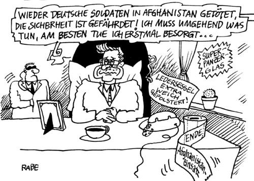 Cartoon: In weichen Kissen (medium) by RABE tagged afghanistan,afghanistankrieg,afghanistaneinsatz,bundeswehr,verteidigungsminister,cdu,außenminister,westerwelle,fdp,bundesregierung,taliban,terror,islam,stammesfürsten,merkel,kanzlerin,euro,krise,soldaten,sprengstoffanschlag,bombendrohung,sicherheit,tod,gefahr,besorgnis,schreibtisch,sessel,telefon,panzerglas,bodyguard,toilettenpapier,hinterhalt,außenminister,westerwelle,fdp,kanzlerin,merkel,cdu,verteidigungsminister,bundeswehr,soldaten,bundeswehreinsatz,afghanistan