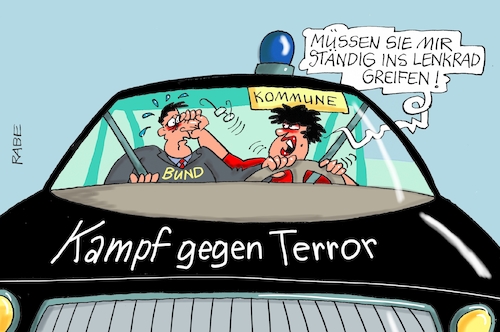 Cartoon: Inslenkradgreifer (medium) by RABE tagged bund,kommune,innenminister,bundesregierung,terrorgefahr,terrorbekämpfung,is,anschläge,rabe,ralf,böhme,cartoon,karikatur,pressezeichnung,farbcartoon,tagescartoon,pkw,beifahrrer,lenkrad,bund,kommune,innenminister,bundesregierung,terrorgefahr,terrorbekämpfung,is,anschläge,rabe,ralf,böhme,cartoon,karikatur,pressezeichnung,farbcartoon,tagescartoon,pkw,beifahrrer,lenkrad