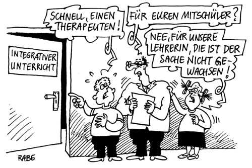 Cartoon: Integrativer Unterricht (medium) by RABE tagged integrativer,unterricht,therapeut,lehrerin,schüler,schulklasse,behinderte,klassenzimmer,euro,hausaufgaben,lernen,pisastudie,schulbank,diktat,mitschüler,kultusministerium,bildungsplan,integrativer,unterricht,therapeut,lehrerin,schüler,schulklasse,behinderte,klassenzimmer,euro,lernen,hausaufgaben,pisastudie,diktat,mitschüler,schulbank,kultusministerium,bildungsplan,bildung,wissen,schule,integration