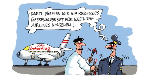 Cartoon: Interüberflug (medium) by RABE tagged ukraine,ostukraine,russland,putin,ukrainekrise,überflug,überflugverbot,überflieger,airline,rabe,ralf,böhme,cartoon,karikatur,pressezeichnung,farbcartoon,tagescartoon,flugkapitän,pilot,flughafen,fluglinie,interflug,ddr,ukraine,ostukraine,russland,putin,ukrainekrise,überflug,überflugverbot,überflieger,airline,rabe,ralf,böhme,cartoon,karikatur,pressezeichnung,farbcartoon,tagescartoon,flugkapitän,pilot,flughafen,fluglinie,interflug,ddr