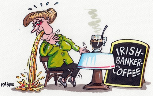 Cartoon: Irish Coffee (medium) by RABE tagged merkel,cdu,kanzlerin,eu,euro,europa,eurokrise,irland,irishcoffee,irish,banker,rabe,ralf,böhme,cartoon,karikatur,pressezeichnung,farbcartoon,angloirish,bank,finanzkrise,äußerung,brüssel,verachtung,telefonmitschnitte,geld,deutsche,german,merkel,cdu,kanzlerin,eu,euro,europa,eurokrise,irland,irishcoffee,irish,banker,rabe,ralf,böhme,cartoon,karikatur,pressezeichnung,farbcartoon,angloirish,bank,finanzkrise,äußerung,brüssel,verachtung,telefonmitschnitte,geld,deutsche,german