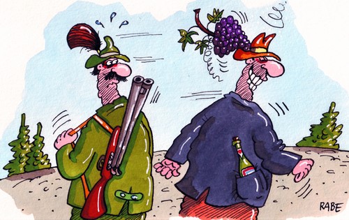 Cartoon: Jagdtrophäen (medium) by RABE tagged wein,weinrebe,weintraube,weinblatt,weinflasche,weinlese,förster,jäger,jagdgewehr,flinte,schrotflinte,bockflinte,gemse,gamsbart,tirolerhut,promille,öchsle,trunkenheit,bertunken,betrinken,weinschoppen,wald,weinberge,reblaus,wein,weinrebe,weintraube,weinblatt,weinflasche,förster,jäger,jagdgewehr