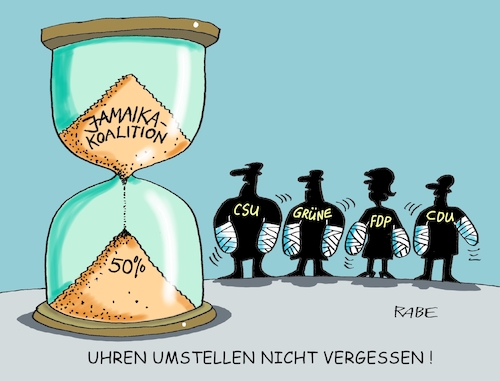 Cartoon: Jamaikazeiten (medium) by RABE tagged grüne,jamaika,sondierungsgespräche,regierungsbildung,amtshandlung,rabe,ralf,böhme,cartoon,karikatur,pressezeichnung,farbcartoon,tagescartoon,zeitumstellung,uhrenumstellung,winterzeit,sanduhr,umstellung,umdrehen,union,fdp,flüchtlingsfrage,klimawandel,kohleausstieg,uhren,grüne,jamaika,sondierungsgespräche,regierungsbildung,amtshandlung,rabe,ralf,böhme,cartoon,karikatur,pressezeichnung,farbcartoon,tagescartoon,zeitumstellung,uhrenumstellung,winterzeit,sanduhr,umstellung,umdrehen,union,fdp,flüchtlingsfrage,klimawandel,kohleausstieg,uhren