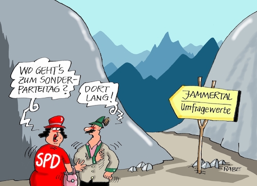 Cartoon: Jammertal (medium) by RABE tagged martin,schulz,spd,wahlkampf,bundestagswahl,beamte,rentenkasse,rabe,ralf,böhme,cartoon,karikatur,pressezeichnung,farbcartoon,tagescartoon,rentner,nahles,gleichberechtigung,jammertal,sonderparteitag,dortmund,altkanzler,schröder,aufholjagd,umfragewerte,umfragetief,tante,wahlprogramm,gsoziale,gerechtigkeitit,martin,schulz,spd,wahlkampf,bundestagswahl,beamte,rentenkasse,rabe,ralf,böhme,cartoon,karikatur,pressezeichnung,farbcartoon,tagescartoon,rentner,nahles,gleichberechtigung,jammertal,sonderparteitag,dortmund,altkanzler,schröder,aufholjagd,umfragewerte,umfragetief,tante,wahlprogramm,gsoziale,gerechtigkeitit