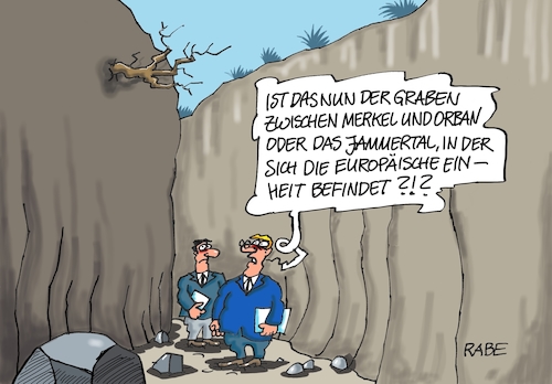 Cartoon: Jammertal (medium) by RABE tagged merkel,kanzlerin,staatsempfang,staatsgäste,hymne,nationalhymne,hymnenphobie,phobie,rabe,ralf,böhme,cartoon,karikatur,pressezeichnung,farbcartoon,tagescartoon,zitterattacke,zizzeranfall,schwächeanfall,ungarn,österreich,viktor,orban,eu,europa,einheit,mauerfall,grenzöffnung,zaun,flucht,flichtlinge,ddr,bürger,massenflucht,paneuropapicknick,sopron,westen,jammertal,graben,merkel,kanzlerin,staatsempfang,staatsgäste,hymne,nationalhymne,hymnenphobie,phobie,rabe,ralf,böhme,cartoon,karikatur,pressezeichnung,farbcartoon,tagescartoon,zitterattacke,zizzeranfall,schwächeanfall,ungarn,österreich,viktor,orban,eu,europa,einheit,mauerfall,grenzöffnung,zaun,flucht,flichtlinge,ddr,bürger,massenflucht,paneuropapicknick,sopron,westen,jammertal,graben