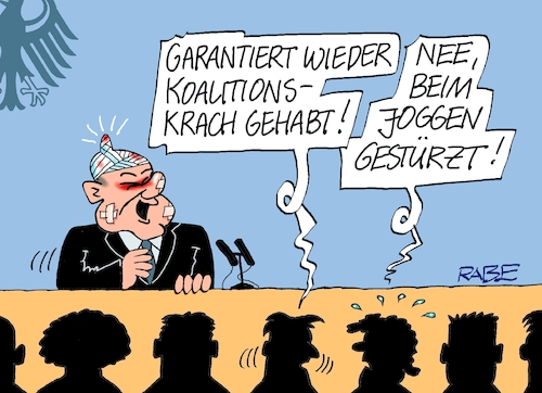 Cartoon: Joggertalent (medium) by RABE tagged ampelregierung,scholz,spd,grüne,fdp,lindner,kinder,kindergrundsicherung,rabe,ralf,böhme,cartoon,karikatur,pressezeichnung,farbcartoon,tagescartoon,hausmeister,ohren,zähne,jogging,jogger,sturz,unfall,verletzung,verband,kopf,pressekonferenz,sport,bewegungssport,ampelregierung,scholz,spd,grüne,fdp,lindner,kinder,kindergrundsicherung,rabe,ralf,böhme,cartoon,karikatur,pressezeichnung,farbcartoon,tagescartoon,hausmeister,ohren,zähne,jogging,jogger,sturz,unfall,verletzung,verband,kopf,pressekonferenz,sport,bewegungssport