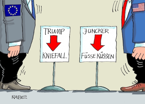 Cartoon: Juncker Trump (medium) by RABE tagged juncker,jean,claude,luxemburg,eu,brüssel,trump,usa,präsident,washington,treffen,spitzentreffen,rabe,ralf,böhme,cartoon,karikatur,pressezeichnung,farbcartoon,tagescartoon,handelsembargo,zoll,zölle,strafzölle,verzicht,deal,stahlzölle,juncker,jean,claude,luxemburg,eu,brüssel,trump,usa,präsident,washington,treffen,spitzentreffen,rabe,ralf,böhme,cartoon,karikatur,pressezeichnung,farbcartoon,tagescartoon,handelsembargo,zoll,zölle,strafzölle,verzicht,deal,stahlzölle