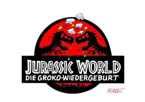 Cartoon: Jurassic Groko (medium) by RABE tagged merz,union,kanzler,fritze,koalition,spd,klingbeil,bundesregierung,rabe,ralf,böhme,cartoon,karikatur,pressezeichnung,farbcartoon,tagescartoon,fett,fettnapf,drecksarbeit,streit,groko,rot,schwarz,bürgergeld,stromkostensenkung,kampf,jurassic,world,wiedergeburt,kino,spielberg,blockboster,neustart,dino,saurier,dinosaurier,rex,blockbuster,merz,union,kanzler,fritze,koalition,spd,klingbeil,bundesregierung,rabe,ralf,böhme,cartoon,karikatur,pressezeichnung,farbcartoon,tagescartoon,fett,fettnapf,drecksarbeit,streit,groko,rot,schwarz,bürgergeld,stromkostensenkung,kampf,jurassic,world,wiedergeburt,kino,spielberg,blockboster,neustart,dino,saurier,dinosaurier,rex,blockbuster