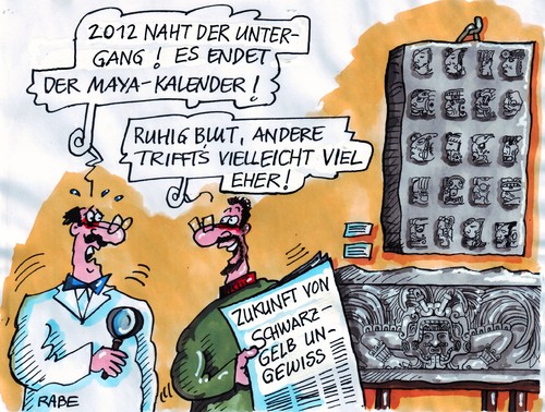 Cartoon: Kalendarischer Untergang (medium) by RABE tagged bundesregierung,kanzlerin,merkel,cdu,koalition,opposition,schwarzgelb,fdp,liberale,parteispitzen,csu,untergang,weltuntergang,inferno,kalender,maya,mayakalender,südamerika,mittelamerika,inka,atzteken,krise,parteienkrise,umfrage,umfragetief,wähler,beliebtheitsskala,politbarometer,bundesregierung,kanzlerin,merkel,cdu,koalition,opposition,schwarzgelb,parteispitzen,csu