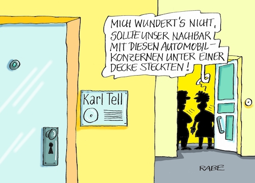 Cartoon: Karl Tell (medium) by RABE tagged kartell,kartellverdacht,kartellabsprachen,vw,audi,porsche,bmw,daimler,automobilhersteller,autokonzerne,rabe,ralf,böhme,cartoon,karikatur,pressezeichnung,farbcartoon,tagescartoon,karl,tell,nachbarn,treppenhaus,konzerne,absprachen,decke,kartell,kartellverdacht,kartellabsprachen,vw,audi,porsche,bmw,daimler,automobilhersteller,autokonzerne,rabe,ralf,böhme,cartoon,karikatur,pressezeichnung,farbcartoon,tagescartoon,karl,tell,nachbarn,treppenhaus,konzerne,absprachen,decke