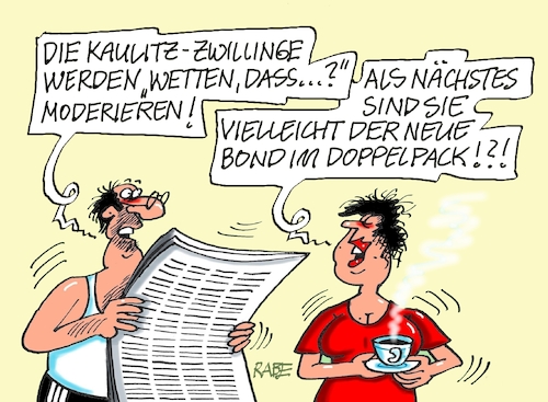 Cartoon: Kaulitz Zwillinge (medium) by RABE tagged merz,kanzler,koalition,union,spd,klingbeil,cartoon,karikatur,pressezeichnung,farbcartoon,tagescartoon,bill,kaulitz,zwillinge,brüder,show,moderator,wetten,dass,samstagabendshow,zdf,gottscholk,james,bond,rolle,drehbuch,007,merz,kanzler,koalition,union,spd,klingbeil,cartoon,karikatur,pressezeichnung,farbcartoon,tagescartoon,bill,kaulitz,zwillinge,brüder,show,moderator,wetten,dass,samstagabendshow,zdf,gottscholk,james,bond,rolle,drehbuch,007