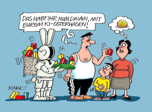 Cartoon: KI Ostern (medium) by RABE tagged ostern,osterhase,ostereier,ostergras,rabe,ralf,böhme,cartoon,karikatur,pressezeichnung,farbcartoon,tagescartoon,intelligenz,ki,künstliches,gedicht,roboter,osterbemalung,würfel,vierecke,rundung,feiertag,ostern,osterhase,ostereier,ostergras,rabe,ralf,böhme,cartoon,karikatur,pressezeichnung,farbcartoon,tagescartoon,intelligenz,ki,künstliches,gedicht,roboter,osterbemalung,würfel,vierecke,rundung,feiertag