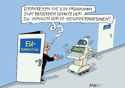 Cartoon: KI zur Wahl (medium) by RABE tagged chatgpt,intelligenz,roboter,ki,volker,wissing,fdp,rabe,ralf,böhme,cartoon,karikatur,pressezeichnung,farbcartoon,tagescartoon,habeck,jena,digitalgipfel,eu,verordnung,europa,ebene,europawahl,wahlmanipulation,kommission,desinformationen,fake,news,chatgpt,intelligenz,roboter,ki,volker,wissing,fdp,rabe,ralf,böhme,cartoon,karikatur,pressezeichnung,farbcartoon,tagescartoon,habeck,jena,digitalgipfel,eu,verordnung,europa,ebene,europawahl,wahlmanipulation,kommission,desinformationen,fake,news