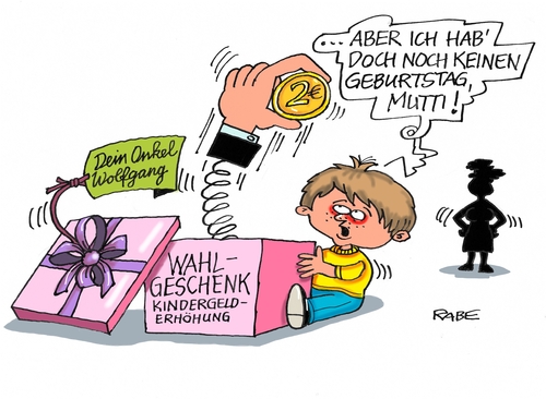 Cartoon: Kindergelderhöhung (medium) by RABE tagged kindergeld,kindergelderhöhung,bundesfinanzminister,schäuble,steuerreform,haushalsdebatte,bundestag,rabe,ralf,böhme,cartoon,karikatur,pressezeichnung,farbcartoon,tagescartoon,kind,kindergeburtstag,kindergeld,kindergelderhöhung,bundesfinanzminister,schäuble,steuerreform,haushalsdebatte,bundestag,rabe,ralf,böhme,cartoon,karikatur,pressezeichnung,farbcartoon,tagescartoon,kind,kindergeburtstag