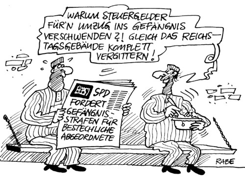 Cartoon: Knastgespräch (medium) by RABE tagged spd,bundesregierung,abgeordnete,bestechung,bestechlichkeit,sponsoren,freunde,wulff,bundesregeirung,reichstag,reichstagsgebäude,gefängnis,knast,gitter,gitterstäbe,strafen,transparenz,volksvertreter,spd,abgeordnete,bestechlichkeit,sponsoren,wulff