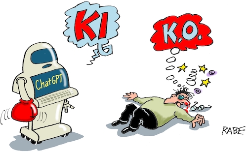 Cartoon: Knock Out (medium) by RABE tagged chat,gpt,ki,intelligenz,roboter,mensch,computer,it,rabe,ralf,böhme,cartoon,karikatur,pressezeichnung,farbcartoon,tagescartoon,boxer,boxhandschuh,bewusslosigkeit,bessinnungslosigkeit,sterne,veilchen,blut,nasenbluten,chat,gpt,ki,intelligenz,roboter,mensch,computer,it,rabe,ralf,böhme,cartoon,karikatur,pressezeichnung,farbcartoon,tagescartoon,boxer,boxhandschuh,bewusslosigkeit,bessinnungslosigkeit,sterne,veilchen,blut,nasenbluten