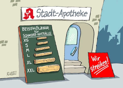 Cartoon: Knüppeldicke (medium) by RABE tagged gewerkschaften,tarife,tarifverhandlungen,streik,gew,verdi,rabe,ralf,böhme,cartoon,karikatur,pressezeichnung,farbcartoon,tagescartoon,apotheke,apothekenstreik,patienten,schmerzen,schmerznotfälle,notfall,hölzer,beisshölzer,bissiges,gewerkschaften,tarife,tarifverhandlungen,streik,gew,verdi,rabe,ralf,böhme,cartoon,karikatur,pressezeichnung,farbcartoon,tagescartoon,apotheke,apothekenstreik,patienten,schmerzen,schmerznotfälle,notfall,hölzer,beisshölzer,bissiges