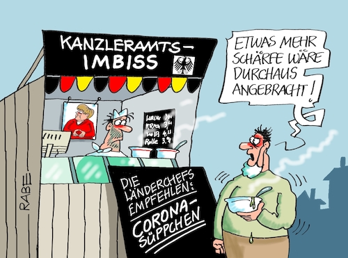 Cartoon: Knzleramts Snacks (medium) by RABE tagged corona,bildung,bildungsminister,kanzleramt,bildungskonferenz,lehrerkonferenz,laptop,ausstatung,digitalisierung,bildungsmonitor,internetzugan,wlan,aufwachen,ministerkonferenz,merkel,söder,laschet,nrw,beherbergungsverbot,maskenpflicht,bußgeld,imbiss,snack,süppchen,coronaregeln,sperrstunde,schärfe,corona,bildung,bildungsminister,kanzleramt,bildungskonferenz,lehrerkonferenz,laptop,ausstatung,digitalisierung,bildungsmonitor,internetzugan,wlan,aufwachen,ministerkonferenz,merkel,söder,laschet,nrw,beherbergungsverbot,maskenpflicht,bußgeld,imbiss,snack,süppchen,coronaregeln,sperrstunde,schärfe