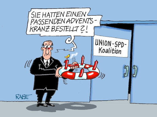 Cartoon: Koalitionskranz (medium) by RABE tagged merz,union,kanzler,fritze,koalition,spd,klingbeil,bundesregierung,rabe,ralf,böhme,cartoon,karikatur,pressezeichnung,farbcartoon,tagescartoon,trump,putin,krisen,tv,nachrichten,waschmaschine,groko,schwarz,rot,advent,adventskranz,rettungsring,weihnachten,merz,union,kanzler,fritze,koalition,spd,klingbeil,bundesregierung,rabe,ralf,böhme,cartoon,karikatur,pressezeichnung,farbcartoon,tagescartoon,trump,putin,krisen,tv,nachrichten,waschmaschine,groko,schwarz,rot,advent,adventskranz,rettungsring,weihnachten