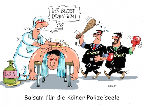 Cartoon: Kölner Polizei (medium) by RABE tagged köln,polizei,silvesternacht,übergriffe,nordafrikaner,nafri,vergewaltigungen,bahnhof,rabe,ralf,böhme,cartoon,karikatur,pressezeichnung,farbcartoon,tagescartoon,balsam,beautyfarm,massage,michel,linke,grüne,prügel,knüppel,köln,polizei,silvesternacht,übergriffe,nordafrikaner,nafri,vergewaltigungen,bahnhof,rabe,ralf,böhme,cartoon,karikatur,pressezeichnung,farbcartoon,tagescartoon,balsam,beautyfarm,massage,michel,linke,grüne,prügel,knüppel