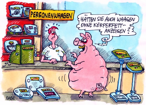 Cartoon: Körperfettwaage (medium) by RABE tagged körperfettwaage,waage,gewicht,abnehmen,diät,fettreduziert,ernährung,ökoprodukte,biokost,fasten,fastenzeit,kilogramm,pfund,fett,fettschicht,fettgewebe,schwein,sau,abspecken,schweineschmalz,übergewicht,personenwaage,skala,verkäuferin,geschäft,frau,ladentisch,regale,kasse,ringelschwanz,registriekasse,bezahlen,schweineschnauze,schweinsohr,fettverbrennung,fettabsaugen,schwitzen,körperfettwaage,waage,gewicht,abnehmen,diät,fettreduziert,ernährung,ökoprodukte,biokost,fastenzeit,kilogramm