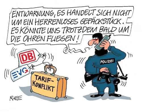 Cartoon: Kofferhoffer (medium) by RABE tagged gewerkschaften,tarife,tarifverhandlungen,streik,gew,verdi,rabe,ralf,böhme,cartoon,karikatur,pressezeichnung,farbcartoon,tagescartoon,schleifstein,messer,gewerkschaftsmitglieder,evg,bahn,db,verhandlungen,tarifkonflikt,reisende,bahnkunden,bahnreisende,zugausfälle,lahmlegung,koffer,gepäck,gepäckstück,sprengstoff,attentat,polizei,spezialkommando,gewerkschaften,tarife,tarifverhandlungen,streik,gew,verdi,rabe,ralf,böhme,cartoon,karikatur,pressezeichnung,farbcartoon,tagescartoon,schleifstein,messer,gewerkschaftsmitglieder,evg,bahn,db,verhandlungen,tarifkonflikt,reisende,bahnkunden,bahnreisende,zugausfälle,lahmlegung,koffer,gepäck,gepäckstück,sprengstoff,attentat,polizei,spezialkommando