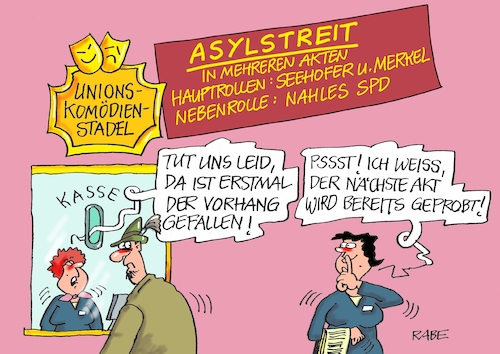 Cartoon: Komödienstadel (medium) by RABE tagged markus,söder,csu,bayern,münchen,landesvorsitzender,horst,seehofer,merkel,cdu,union,streit,unionstreit,asylstreit,ultimatum,grenze,zurückweisung,flüchtlinge,grenzkontrollen,komödienstadel,grenzgänger,transferzentren,transitzentren,koalitionskrach,markus,söder,csu,bayern,münchen,landesvorsitzender,horst,seehofer,merkel,cdu,union,streit,unionstreit,asylstreit,ultimatum,grenze,zurückweisung,flüchtlinge,grenzkontrollen,komödienstadel,grenzgänger,transferzentren,transitzentren,koalitionskrach