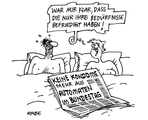 Cartoon: Kondomerie (medium) by RABE tagged bundestag,bundesregierung,kanzlerin,merkel,cdu,parteien,fdb,csu,grüne,linke,spd,koalition,opposition,diäten,euro,krise,kondom,kondomautomat,verhüterli,präservativ,gummi,geschlechtsverkehr,automat,regierungsviertel,bett,ehebett,ehepaar,frau,mann,kissen,sexpraktiken,sexstellungen,bedürfniss,befriedigung,zeitung,presse,schlagzeile,nachrichten,bundestag,bundesregierung,kanzlerin,merkel,cdu,parteien,fdp,csu,grüne,linke,spd,koalition,opposition,kondom,krise,kondomautomat,liebe