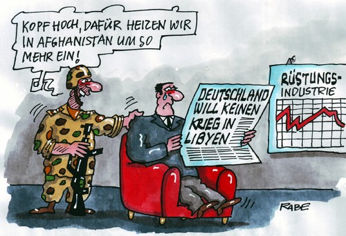 Cartoon: Kopf hoch ! (medium) by RABE tagged militäreinstatz,wüstenkrieg,belagerung,libyen,gaddafi,nordafrika,aufständige,lufteinsatz,luftabwehr,luftraumkontrolle,merkel,kanzlerin,cdu,verteidigungsminister,afghanistankrieg,afghanistaneinsatz,afghanistan,taliban,krise,euro,kampfjet,nato,awax,rüstungsindustri,rüstungsmonopol,waffenlobby,waffenhandel,waffenschmuggel,waffenindustrie,gewehr,pistole,maschinengewehr,munition,nachschub,soldaten,wehrdienst,kaserne,einberufung,kameraden,männer,statistik,prognose,diagramm,presse,zeitung,schlagzeile,sessel,uniform,tarnanzug,militäreinstatz,wüstenkrieg,belagerung,libyen,gaddafi