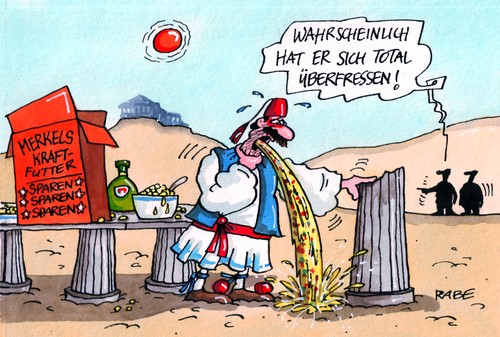 Cartoon: Kotzbrocken (medium) by RABE tagged lagarde,merkel,kanzlerin,cdu,hollande,frankreich,deutschland,griechenland,athen,hellas,schulden,schuldenkrise,schuldenschnitt,rettungsschirm,eu,euro,eurokrise,eurozone,brüssel,finanzchefs,schäuble,sculdenerlas,banken,kredit,streik,kraft,kraftfutter,cornflakes,müsli,fressen,magen,kotzen,kotzbrocken,speien,brechen,euromünze,austrit,euroländer,lagarde,merkel,kanzlerin,hollande,frankreich,deutschland,griechenland,athen