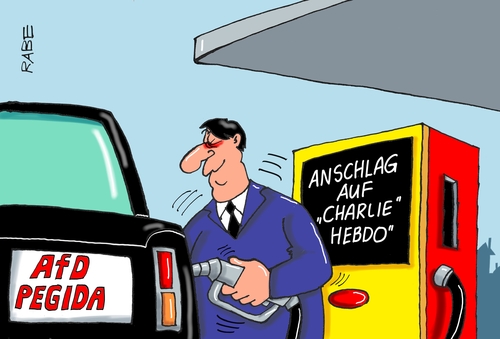 Cartoon: Kraftstoff (medium) by RABE tagged tankstelle,pegida,afd,islamismus,islamisten,paris,satiremagazin,charlie,hebdo,attentat,rabe,ralf,böhme,cartoon,karikatur,pressezeichnung,farbcartoon,tagescartoon,zapfhahn,benzin,kraftstoff,tankstelle,pegida,afd,islamismus,islamisten,paris,satiremagazin,charlie,hebdo,attentat,rabe,ralf,böhme,cartoon,karikatur,pressezeichnung,farbcartoon,tagescartoon,zapfhahn,benzin,kraftstoff