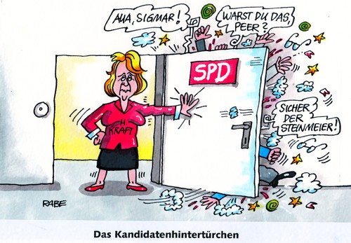 Cartoon: Kraftvolles (medium) by RABE tagged spd,bundestagswahl,wahlkampf,sozialdemokraten,hannelore,kraft,peer,steinbrück,nahles,sigmar,gabriel,walter,steinmeier,opposition,rot,wähler,kandidaten,hintertürchen,kandidatenhintertürchen,partei,regierungsprogramm,merkel,cdu,kanzlerrin,kanzlerkandidat,troika,zukunft,kanzleramt,ministerpräsidentin,spd,bundestagswahl,wahlkampf,sozialdemokraten,hannelore,kraft,peer,steinbrück,nahles,sigmar,gabriel,walter,steinmeier,opposition,rot,wähler,kandidaten,hintertürchen,kandidatenhintertürchen,partei,regierungsprogramm,merkel,cdu,kanzlerrin,kanzlerkandidat,troika,zukunft,kanzleramt,ministerpräsidentin