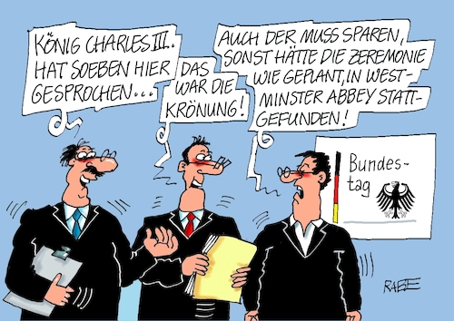 Cartoon: Krönung total (medium) by RABE tagged king,könig,charles,queen,camilla,staatsbesuch,deutschland,dinner,empfang,steinmeier,rabe,ralf,böhme,cartoon,karikatur,pressezeichnung,farbcartoon,tagescartoon,welcome,teppich,sekt,bratwurst,westminster,abbey,zeremonie,krönungszeremonie,king,könig,charles,queen,camilla,staatsbesuch,deutschland,dinner,empfang,steinmeier,rabe,ralf,böhme,cartoon,karikatur,pressezeichnung,farbcartoon,tagescartoon,welcome,teppich,sekt,bratwurst,westminster,abbey,zeremonie,krönungszeremonie