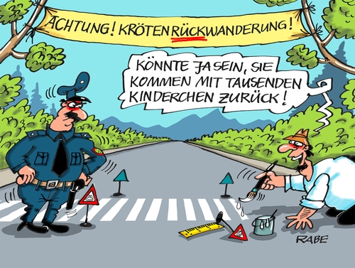 Cartoon: Krötenwanderung (medium) by RABE tagged kröten,krötenwanderung,krötenzaun,naturschutz,umwelt,amphibien,rabe,ralf,böhme,cartoon,karikatur,pressezeichnung,farbcartoon,tagescartoon,zebrastreifen,polizei,umweltschützer,frösche,lurche,zaun,kröten,krötenwanderung,krötenzaun,naturschutz,umwelt,amphibien,rabe,ralf,böhme,cartoon,karikatur,pressezeichnung,farbcartoon,tagescartoon,zebrastreifen,polizei,umweltschützer,frösche,lurche,zaun