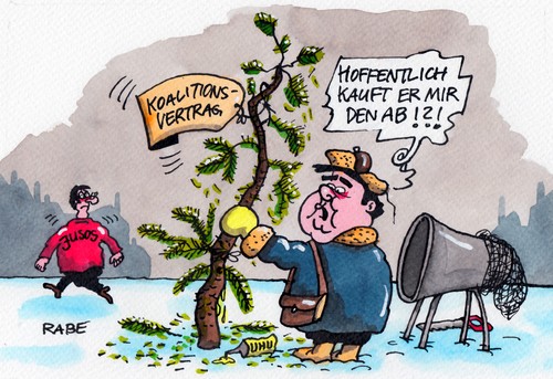 Cartoon: Krüppelkiefer (medium) by RABE tagged gabriel,spd,sozialdemokraten,nahles,koalition,koalitionsvertrag,regierungsbildung,abstimmung,jusos,ja,nein,koalitionsvereinbarung,koalitionspartener,union,seehofer,csu,cdu,merkel,mindestlohn,rente,berlin,unterzeichnung,rabe,ralf,böhme,cartoon,karikatur,pressezeichnung,farbcartoon,weihnac,htsbaum,weihnachtsbaumverkäufer,nadelbaum,tanne,fichte,nordmantanne,uhu,kauf,verkaufsstand,weihnachten,weihnachtsfest,gabriel,spd,sozialdemokraten,nahles,koalition,koalitionsvertrag,regierungsbildung,abstimmung,jusos,ja,nein,koalitionsvereinbarung,koalitionspartener,union,seehofer,csu,cdu,merkel,mindestlohn,rente,berlin,unterzeichnung,rabe,ralf,böhme,cartoon,karikatur,pressezeichnung,farbcartoon,weihnac,htsbaum,weihnachtsbaumverkäufer,nadelbaum,tanne,fichte,nordmantanne,uhu,kauf,verkaufsstand,weihnachten,weihnachtsfest