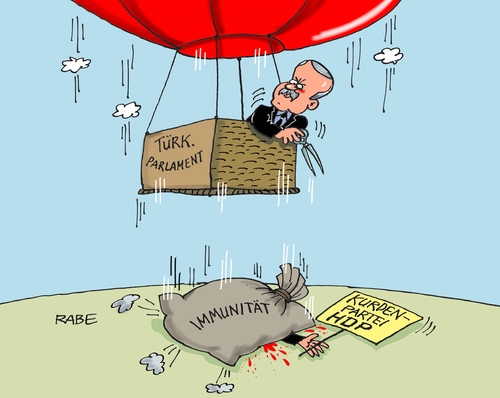 Cartoon: Kurdenpartei HDP (medium) by RABE tagged immunität,immunitätsaufhebung,türkei,parlamant,ankara,erdogan,kurdenpartei,hdp,pkk,rabe,ralf,böhme,cartoon,karikatur,pressezeichnung,farbcartoon,tagescartoon,heißluftballon,fesselballon,sandsack,abwurf,ballast,immunität,immunitätsaufhebung,türkei,parlamant,ankara,erdogan,kurdenpartei,hdp,pkk,rabe,ralf,böhme,cartoon,karikatur,pressezeichnung,farbcartoon,tagescartoon,heißluftballon,fesselballon,sandsack,abwurf,ballast