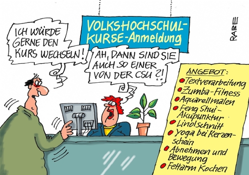 Cartoon: Kurswechsel (medium) by RABE tagged kurswechsel,obergrenze,flüchtlingspolitik,flüchtlingskrise,merkel,seehofer,cdu,csu,wildbad,kreuth,grenzkontrollen,rabe,ralf,böhme,cartoon,karikatur,pressezeichnung,farbcartoon,tagescartoon,vhs,volkshochschule,kurse,anmeldung,kurswechsel,obergrenze,flüchtlingspolitik,flüchtlingskrise,merkel,seehofer,cdu,csu,wildbad,kreuth,grenzkontrollen,rabe,ralf,böhme,cartoon,karikatur,pressezeichnung,farbcartoon,tagescartoon,vhs,volkshochschule,kurse,anmeldung