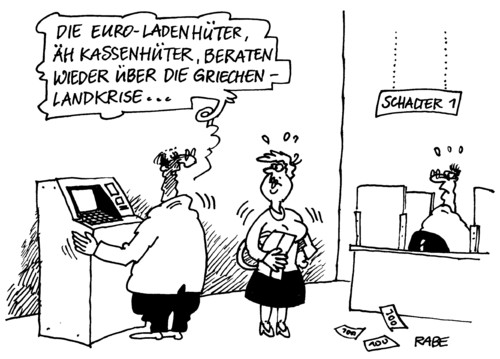 Cartoon: Ladenhüter (medium) by RABE tagged laden,ladenhüter,kasse,kassenhüter,bundesregierung,kanzlerin,merkel,cdu,finanzminister,eu,brüssel,krise,euro,hilfspaket,rettungspaket,sparpaket,rettungsschirm,griechenland,athen,portugal,irlan,spanien,steuererhöhung,schäuble,griechenlandkrise,währungsunion,bank,schalter,geldautomat,geldscheine,banker,börse,spekulanten,bankenbeteiligung,verantwortung,kasse,kassenhüter,laden,ladenhüter,eu,brüssel,euro,krise,staatengemeinschaft,währungsunion,finanzminister,kanzlerin,merkel,soforthilfe,hilfspaket,sparpaket,schäuble,cdu,steuererhöhung,steuerzahler,rettungsschirm,rettungspaket,börse,banker,banken,spekulant