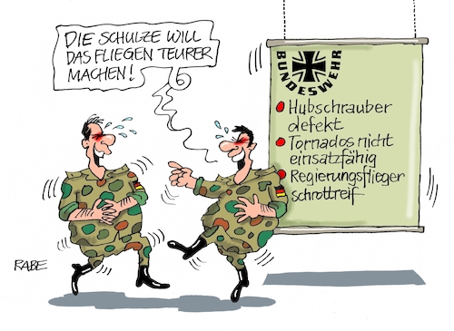 Cartoon: Lächerliches (medium) by RABE tagged klimawandel,umwelt,umweltministerin,schulze,sp,klimapreis,heizung,auto,rabe,ralf,böhme,cartoon,karikatur,pressezeichnung,farbcartoon,tagescartoon,brücke,bettler,verkehr,klimaprämie,friday,for,future,fliegen,teuerung,kerosin,kerosinsteuer,billigflieger,verteuerung,preissteigerung,pauschale,bundeswehr,lacher,hubschrauber,tornados,regierungsflieger,kaputt,defekt,schrottreif,klimawandel,umwelt,umweltministerin,schulze,sp,klimapreis,heizung,auto,rabe,ralf,böhme,cartoon,karikatur,pressezeichnung,farbcartoon,tagescartoon,brücke,bettler,verkehr,klimaprämie,friday,for,future,fliegen,teuerung,kerosin,kerosinsteuer,billigflieger,verteuerung,preissteigerung,pauschale,bundeswehr,lacher,hubschrauber,tornados,regierungsflieger,kaputt,defekt,schrottreif