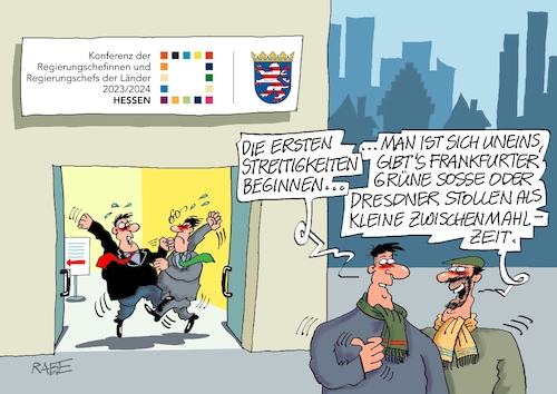 Cartoon: Ländertreffen und Grüne Sosse (medium) by RABE tagged mininisterpräsidenten,ost,treffen,ministerpräsidententreffen,osten,ossi,rabe,ralf,böhme,cartoon,kaarikatur,pressezeichnung,farbcartoon,tagescartoon,transparent,risse,thüringen,sachsen,hessen,minister,frankfurt,dresden,stollen,imbiss,zwischenmahlzeit,grüne,sosse,streit,prügelei,schläge,tritte,mininisterpräsidenten,ost,treffen,ministerpräsidententreffen,osten,ossi,rabe,ralf,böhme,cartoon,kaarikatur,pressezeichnung,farbcartoon,tagescartoon,transparent,risse,thüringen,sachsen,hessen,minister,frankfurt,dresden,stollen,imbiss,zwischenmahlzeit,grüne,sosse,streit,prügelei,schläge,tritte