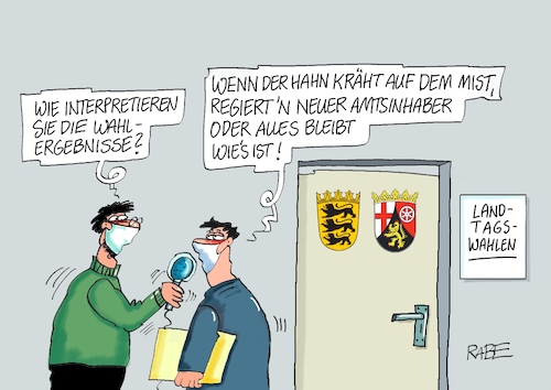 Cartoon: Landtagswahlen immer wieder (medium) by RABE tagged corona,bundländerkonferenz,merkel,kanzleramt,lockerungen,stufenplan,öffnungen,lockdown,shutdown,baumärkte,impfdosen,rki,fallzahlen,inzidenzwert,landtagswahlen,baden,württemberg,rheinland,pfalz,wahlergebnisse,amtsinhaber,dryer,kretschmann,grüne,spd,konstelation,koalition,corona,bundländerkonferenz,merkel,kanzleramt,lockerungen,stufenplan,öffnungen,lockdown,shutdown,baumärkte,impfdosen,rki,fallzahlen,inzidenzwert,landtagswahlen,baden,württemberg,rheinland,pfalz,wahlergebnisse,amtsinhaber,dryer,kretschmann,grüne,spd,konstelation,koalition