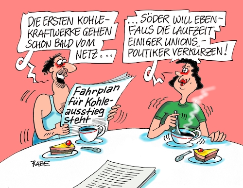 Cartoon: Laufzeitverkürzung (medium) by RABE tagged klima,klimawandel,fridays,for,future,greta,thunberg,kohle,kohleausstieg,rabe,ralf,böhme,cartoon,karikatur,pressezeichnung,farbcartoon,tagescartoon,klimaaktivisten,stilllegungsverhandlungen,fahrplan,kohlausstieg,kohlekraftwerke,stilllegung,laufzeit,laufzeitverkürzung,union,cdu,csu,markus,söder,kabinettsumbildung,verjüngung,klima,klimawandel,fridays,for,future,greta,thunberg,kohle,kohleausstieg,rabe,ralf,böhme,cartoon,karikatur,pressezeichnung,farbcartoon,tagescartoon,klimaaktivisten,stilllegungsverhandlungen,fahrplan,kohlausstieg,kohlekraftwerke,stilllegung,laufzeit,laufzeitverkürzung,union,cdu,csu,markus,söder,kabinettsumbildung,verjüngung