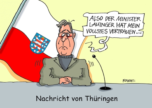 Cartoon: Lauinger ramelow (medium) by RABE tagged ramelow,lauinger,thuringen,affäre,prüfungserlass,bildungsministerium,klaubert,innenministerium,sohnemannaffäre,rabe,ralf,böhme,cartoon,karikatur,pressezeichnung,farbcartoon,tagescartoon,vertrauen,ansprache,gymnasium,schule,ramelow,lauinger,thuringen,affäre,prüfungserlass,bildungsministerium,klaubert,innenministerium,sohnemannaffäre,rabe,ralf,böhme,cartoon,karikatur,pressezeichnung,farbcartoon,tagescartoon,vertrauen,ansprache,gymnasium,schule