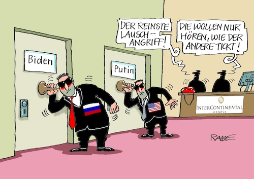 Cartoon: Lauscher (medium) by RABE tagged joe,biden,wladimir,putin,präsident,usa,moskau,russland,kreml,kremlchef,washington,gipfel,gipfeltreffen,rabe,ralf,böhme,cartoon,karikatur,pressezeichnung,farbcartoon,tagescartoon,genf,hotel,intercontinental,secret,servive,geheimdienste,lauschangriff,tick,tack,joe,biden,wladimir,putin,präsident,usa,moskau,russland,kreml,kremlchef,washington,gipfel,gipfeltreffen,rabe,ralf,böhme,cartoon,karikatur,pressezeichnung,farbcartoon,tagescartoon,genf,hotel,intercontinental,secret,servive,geheimdienste,lauschangriff,tick,tack