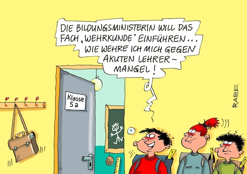 Cartoon: Lehrermangel immer noch (medium) by RABE tagged bildungsministerin,bildung,lehrer,lehrermangel,unterrichtsausfall,schüler,klasse,schulklasse,bildungslücken,rabe,ralf,böhme,cartoon,karikatur,pressezeichnung,farbcartoon,tagescartoon,wehrkunde,wehrkundeunterricht,ddr,honecker,armee,nva,bildungsministerin,bildung,lehrer,lehrermangel,unterrichtsausfall,schüler,klasse,schulklasse,bildungslücken,rabe,ralf,böhme,cartoon,karikatur,pressezeichnung,farbcartoon,tagescartoon,wehrkunde,wehrkundeunterricht,ddr,honecker,armee,nva